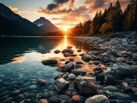 Impressive summer Sunny outdoor scene. Sunrise on clear lake with mountain range. Beauty of nature concept background.