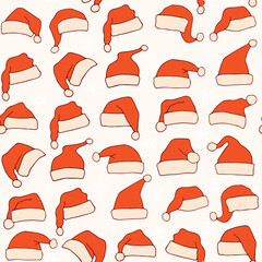 Big set of red Santa hats isolated on white background. Winter, New Year, Christmas. Santa's clothes. Festive cap. Vector illustration
