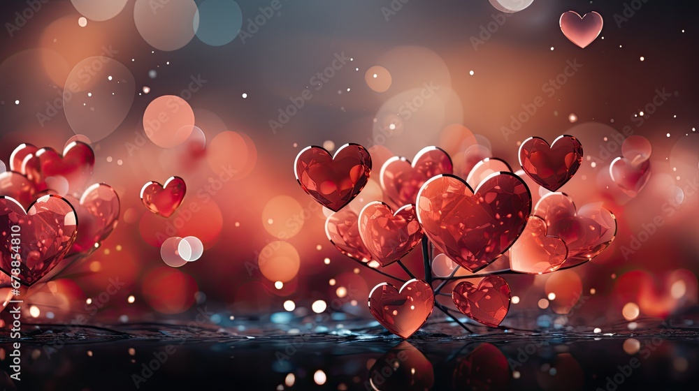 Wall mural Red hearts bokeh panoramic background 