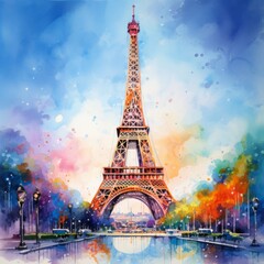 Fototapeta na wymiar Vibrant Watercolor Eiffel Tower