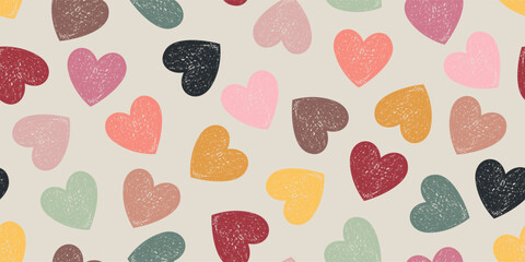 Seamless Pattern of Hand-Drawn Burgundy, Brown, Green, Pink and Yellow Hearts on Beige Background. Grunge Style. - obrazy, fototapety, plakaty