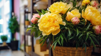 Bouquet of yellow peonies. Beautiful Yellow Peonies. Springtime Concept. Mothers Day Concept with a Copy Space. Valentine's Day.