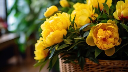 Naklejka na ściany i meble Bouquet of yellow peonies. Beautiful Yellow Peonies. Springtime Concept. Mothers Day Concept with a Copy Space. Valentine's Day.