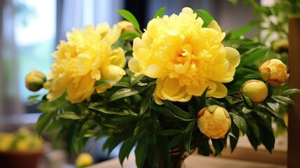Naklejka na ściany i meble Bouquet of yellow peonies. Beautiful Yellow Peonies. Springtime Concept. Mothers Day Concept with a Copy Space. Valentine's Day.
