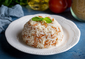 Traditional delicious Turkish food; Turkish style rice pilaf (Turkish name; Arpa sehriyeli pirinc pilavi)