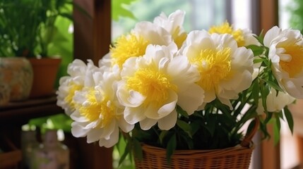 Bouquet of white peonies. Beautiful White Peonies. Springtime Concept. Mothers Day Concept with a Copy Space. Valentine's Day.