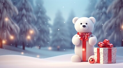 A bear against the backdrop of a winter landscape with gifts. AI Generation