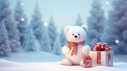 A bear against the backdrop of a winter landscape with gifts. AI Generation