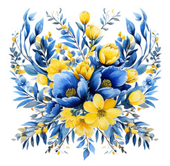 Watercolor bouquet of blue and yellow flowers. Generative AI, png image.