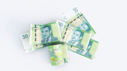 3D render of 50 or fifty dirham isolated on white background, moroccan money