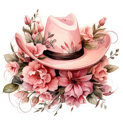 Watercolor Pink Cowgirl Hat with Roses Clipart illustration Generative Ai