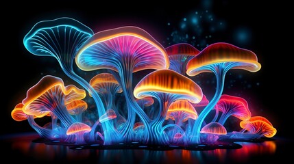Naklejka premium Fluorescent neon mushrooms. AI Generation