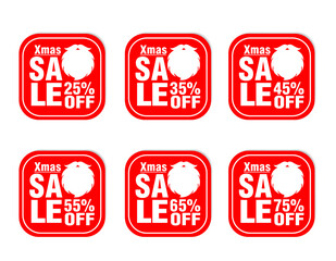 Christmas sale red stickers tag set 25%, 35%, 45%, 55%, 65%, 75% off
