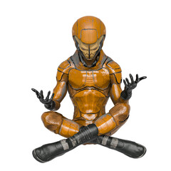 alien soldier is in meditation on yoga pose