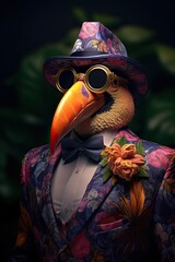 Naklejka premium Toucan dressed in an elegant floral suit and a hat. Fashion portrait of an anthropomorphic animal, colorful bird, posing with a charismatic human attitude