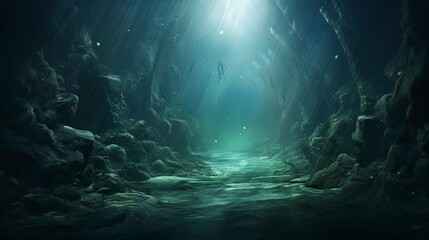 Underwater sea tunnel, rays of light. AI Generation