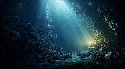 Fototapeta na wymiar Underwater sea tunnel, rays of light. AI Generation