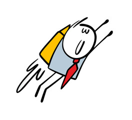 Purposeful businessman flies to success with jet engine and rocket. Vector illustration of a stickman in the sky rushing at speed to the goal.