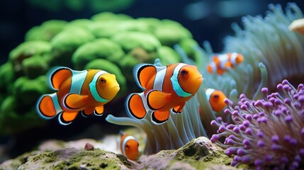 Naklejka na ściany i meble Tropical clownfish family glides through soft anemone tentacles in colorful underwater scenario.