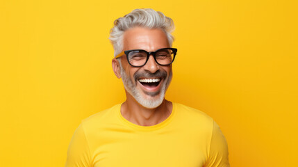 Beautiful and happy blond hair senior man looking at camera isolated on yellow background