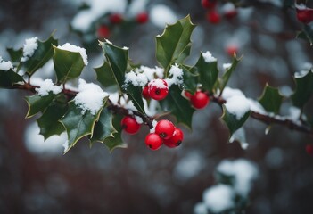 Fototapeta premium Winter Holly Branch with Snowy Berries