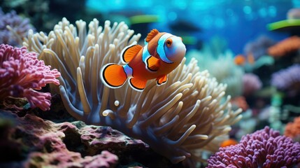 Luminous clownfish swim around in a symbiotic relationship with host anemones.