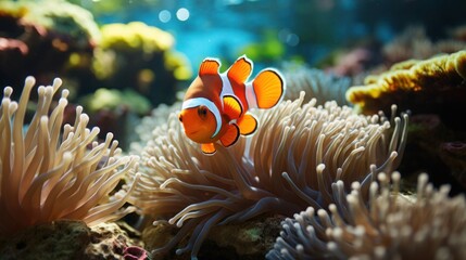 Naklejka na ściany i meble A clownfish hovers over a sea anemone in the bluish water.