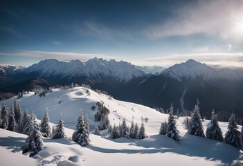Fototapeta premium Snow Covered Winter Mountain Landscape - Serene Scenery in Cold Season