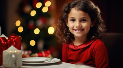 Young girl with a bright smile sitting at a table with candles lit and a Christmas tree in the background.