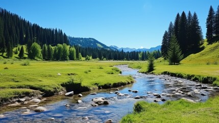 Panoramic photo of nature scene with mountain river. spring vacation in sunny valley. Grassy meadow on the shore beauty of tranquil ecology environment