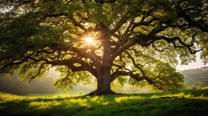 Beautiful photo of old oak tree in morning light with sunrays