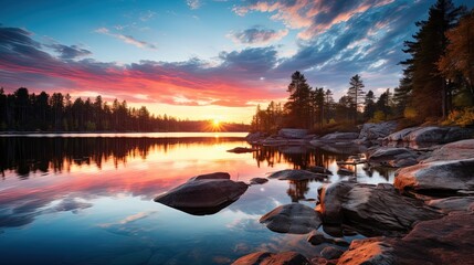 Panorama photo of beautiful sunrise over calm lake perfect reflection