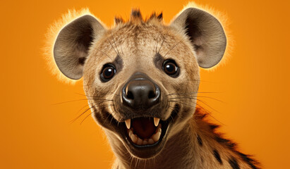 Studio Portrait of Funny and Excited hyena on Orange Background with Shocked or Surprised Expression and Open Mouth.