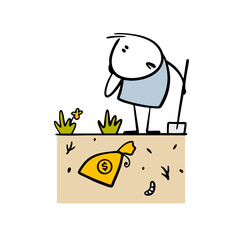 Confused cartoon stickman stands over bag of money with shovel and does not know where to look and dig. Vector illustration of ancient treasure buried in ground and the loser forgot place.
