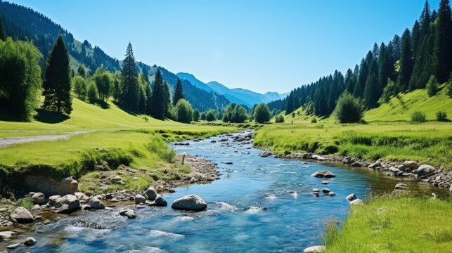 Panoramic photo of nature scene with mountain river. spring vacation in sunny valley. Grassy meadow on the shore beauty of tranquil ecology environment