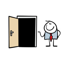 Man in cartoon business suit stands near open door and invites you to come into the house. Vector illustration of hospitable businessman shows the way.