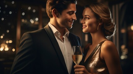 Beautiful young couple celebrating with glasses of champagne in their hands, joy, smiles, holiday against a background of blurred bokeh. AI Generation
