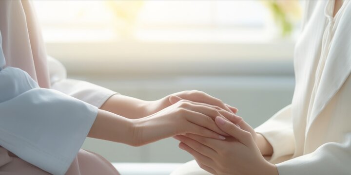 A Tender Union as Womans Hands Clasp with the Doctor's in a White Desk Encounter