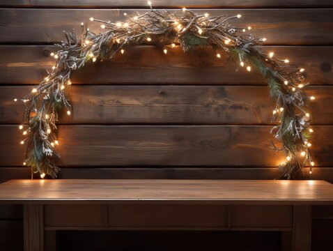 Fancy flashing light bulbs or garlands and wreath on wooden table for Christmas or New Years decoration background, space for adding text or picture, AI generator