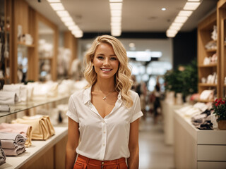 Portrait of a blonde smiling saleswoman in a fashion or accessories store. AI generated