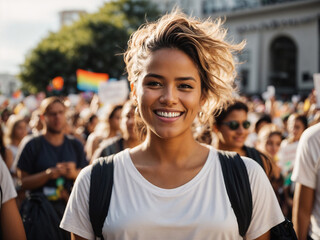 Portrait of woman smiling at a street demonstration or festival. AI generated