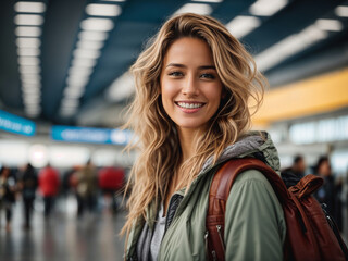 Portrait of smiling woman with bag in airport hall or a shopping mall. AI generated