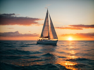 A white sailboat sailing in the open sea with a beautiful backlight at sunset. AI generated