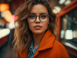 Portrait of a pretty woman with glasses looking on the street. AI generated