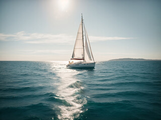 A white sailboat sailing in the open sea with a nice backlight with a clear sky. AI generated