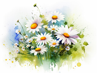 Illustration of daisy flowers in style of watercolor with splashes