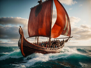 Realistic image of a Viking ship sailing through the ocean. AI generated