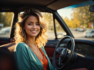 Portrait of woman behind the wheel of a classic car. AI generated
