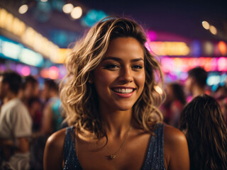 Portrait of woman smiling at an outdoor festival or party at night. AI generated