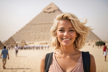 Tourist woman traveling in Giza pyramids, Cairo, Egypt, with Cheops pyramid behind. AI generated - obrazy, fototapety, plakaty